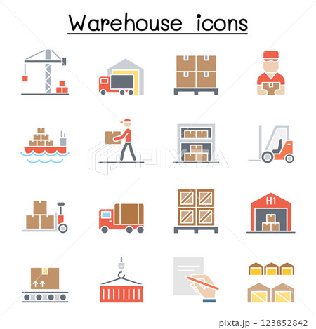 Warehouse, delivery, shipment, logistic icon set in flat color style Warehouse, delivery, shipment, logistic icon set in flat color style 123852842