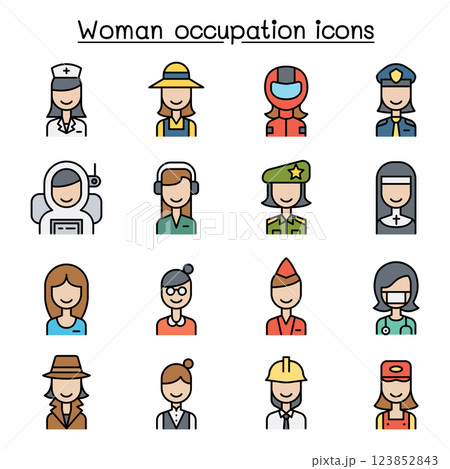 Woman occupation, career icon set in colorline style Woman occupation, career icon set in colorline style 123852843