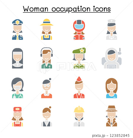 Woman occupation, career icon set in flat color style Woman occupation, career icon set in flat color style 123852845