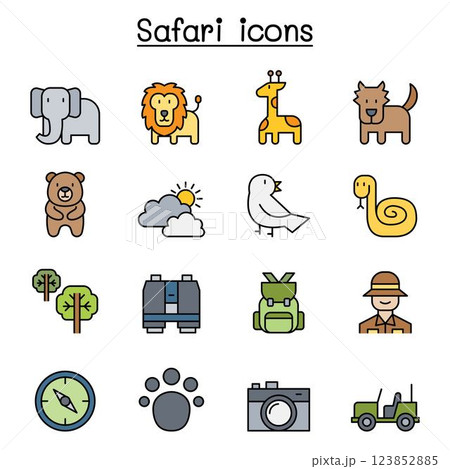 Safari , animal, wildlife, animal icon set in colorline style Safari , animal, wildlife, animal icon set in colorline style 123852885