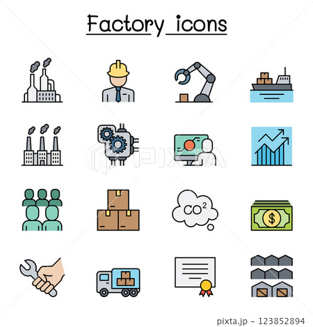 Factory, Industrial Building, Manufacturing icon set in colorline style 123852894