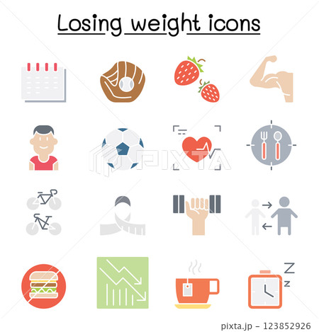 Diet, Losing weight, fitness, healthy lifestyle icon set in flat color style 123852926
