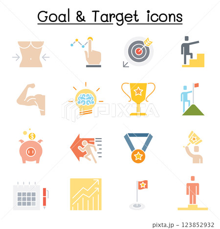 Goal, Target, Self improvement, aim, and purpose icon set in flat color style Goal, Target, Self improvement, aim, and purpose icon set in flat color style 123852932