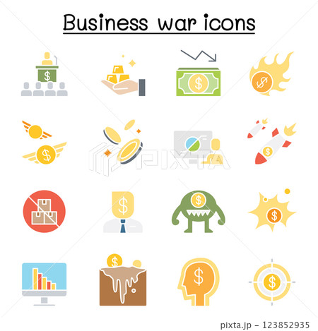 Business war, Business sanction, trade war, import tax icon set in flat color style Business war, Business sanction, trade war, import tax icon set in flat color style 123852935