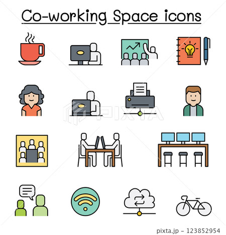 Co working space icon set in colorline style 123852954