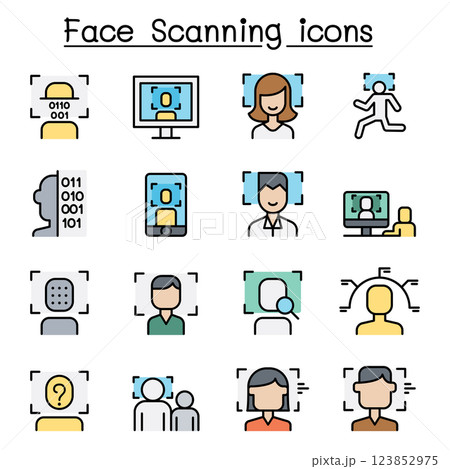 Face id, Face detection, Face recognition, Face scanning icon set in colorline style Face id, Face detection, Face recognition, Face scanning icon set in colorline style 123852975