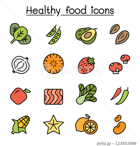 Healthy food icon set in colorline style Healthy food icon set in colorline style 123852986