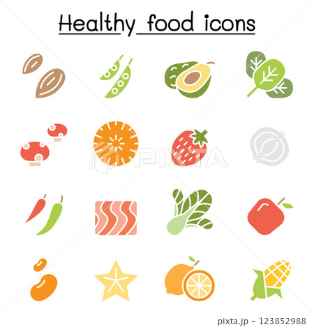 Healthy food icon set in flat color style Healthy food icon set in flat color style 123852988