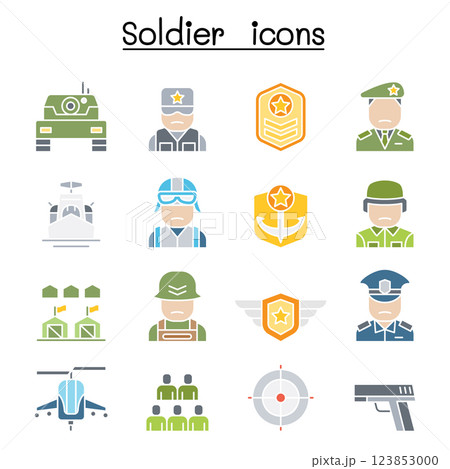 Soldier and Military icon set in flat color style 123853000