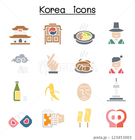 korea icon set in flat color style 123853003