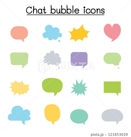 Chat balloon, speech bubble, talking, speaking icon set in flat color style Chat balloon, speech bubble, talking, speaking icon set in flat color style 123853039