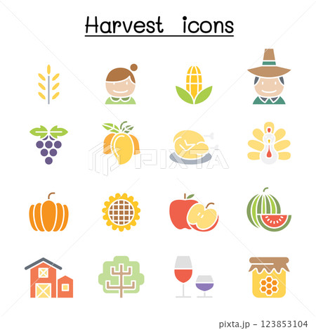 Harvest and Thanksgiving icon set in flat color style Harvest and Thanksgiving icon set in flat color style 123853104