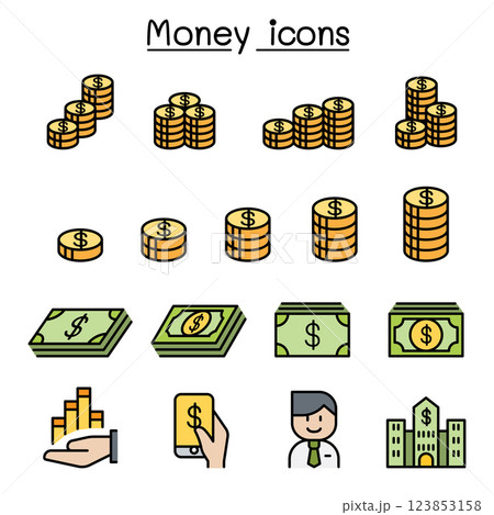 Money, Currency, Cash, Coins and Bank notes icon set in colorline style Money, Currency, Cash, Coins and Bank notes icon set in colorline style 123853158