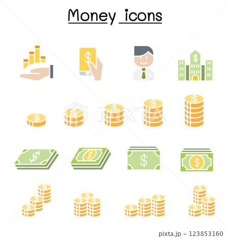 Money, Currency, Cash, Coins and Bank notes icon set in flat color style 123853160