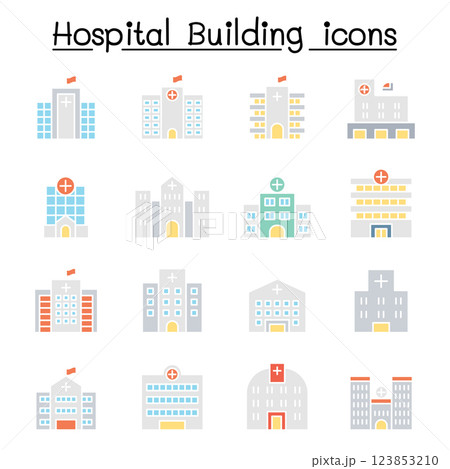 Hospital building icon set in flat color style 123853210