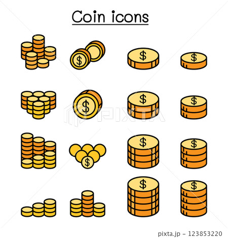 Money and Coin icon set in colorline style 123853220