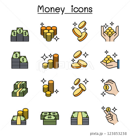 Money, Cash , Coin Bank note icon set in colorline style 123853238