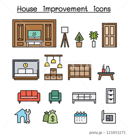 Furnitures, Home decorate items icon set in colorline style 123853271