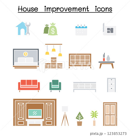 Furnitures , Home decorate items icon set in flat color style Furnitures , Home decorate items icon set in flat color style 123853273