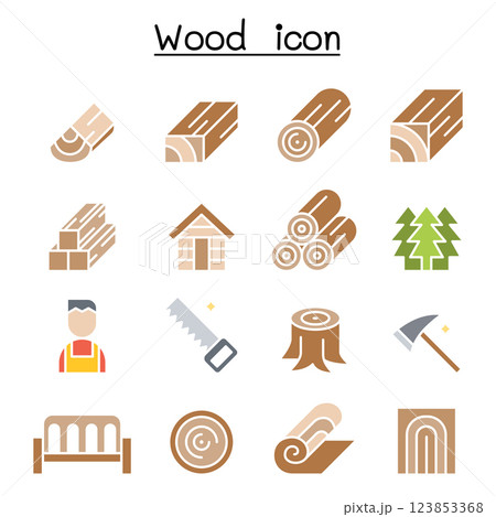 Wood icon set in flat color style 123853368