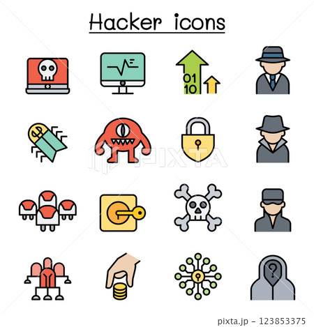 Hacker icon set in colorline style Hacker icon set in colorline style 123853375