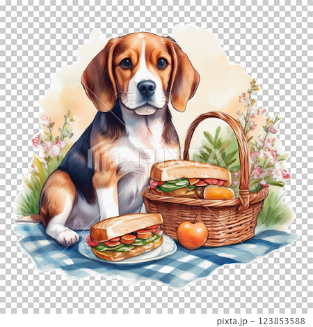 野餐籃和小獵犬的水彩插圖 1 / 傳單和海報材料 123853588