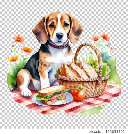 ピクニックバスケットとビーグルの水彩イラスト5／チラシやポスター用素材 123853592