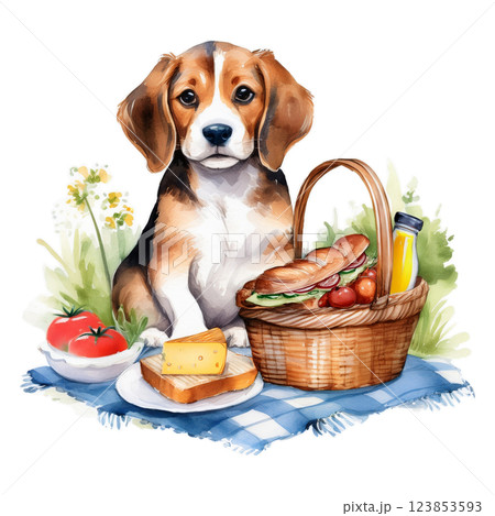 ピクニックバスケットとビーグルの水彩イラスト6／チラシやポスター用素材 123853593