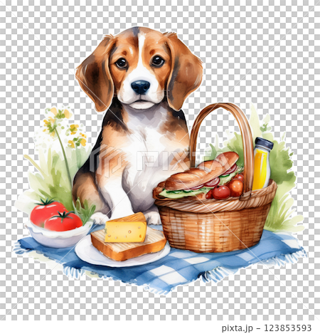 野餐籃和小獵犬水彩插圖6/傳單和海報材料 123853593