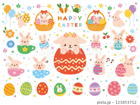 イースターのうさぎのかわいい手描きイラストセット 123853712