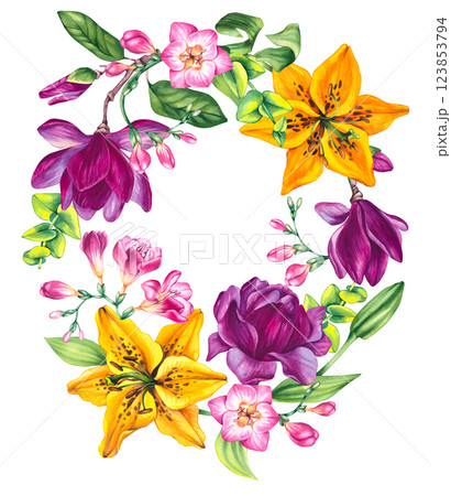 Floral illustration with freesia magnolia and lily Floral illustration with freesia magnolia and lily 123853794