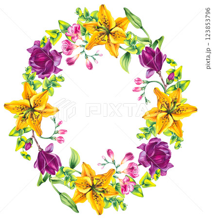 Floral illustration with freesia magnolia and lily 123853796