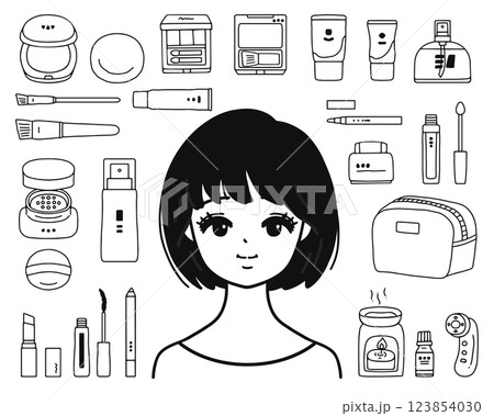 女性とメイク用品のイラストセット　線画 123854030