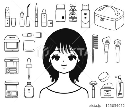 女性とメイク用品のイラストセット　線画 123854032