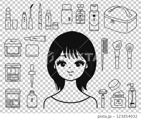 女性とメイク用品のイラストセット　線画 123854032