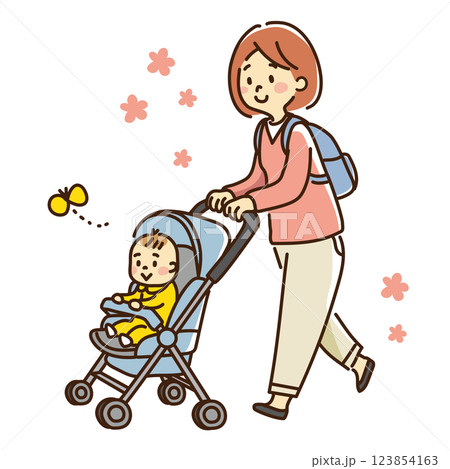 ベビーカーを押して歩く母 123854163