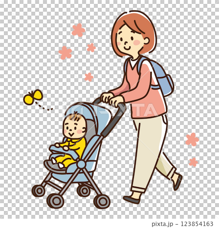 Mother walking pushing a stroller 123854163