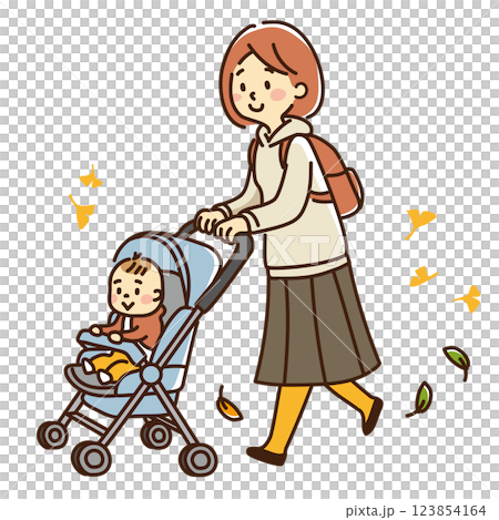 母親推著嬰兒車散步 123854164