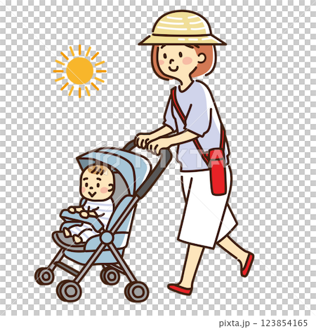 母親推著嬰兒車散步 123854165