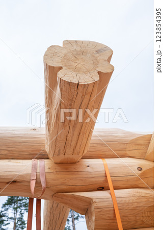 The construction site of a wooden house. Traditional log cabin built from wood logs on sunny summer day. Cottage house design 123854395