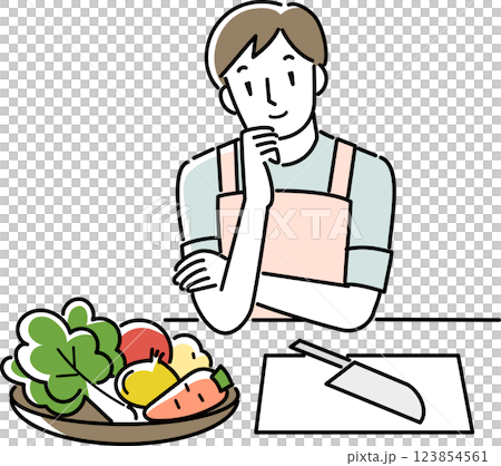 献立を考えるエプロンを着けた男性 123854561