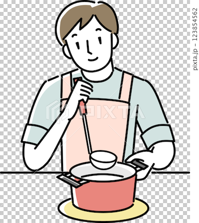 料理をするエプロンを着けた男性 123854562