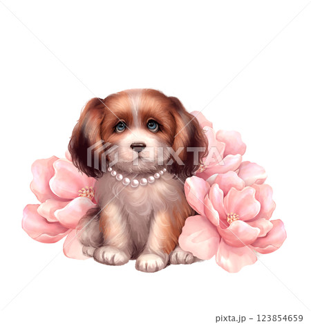 Cute puppy dog with pink flowers. Pet animal illustration. Cute puppy dog with pink flowers. Pet animal illustration. 123854659