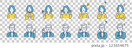 Illustration set of various facial expressions and poses of men and women Illustration set of various facial expressions and poses of men and women 123854675