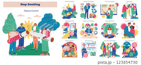 Stop Smoking initiative focusing on tobacco control strategies. Covers methods like tracking progress, overcoming triggers, and establishing a supportive environment, emphasizing health benefits and 123854730