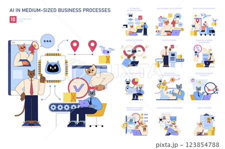 AI integration in medium-sized businesses enhances efficiency through automation, analytics, and management. It improves sales support, supply chain tasks, and overall business flexibility, driving 123854788