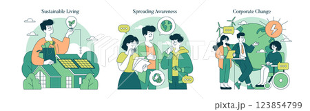 Earth Day concept. Highlights sustainable living, awareness promotion, and corporate responsibility. Engaging illustrations represent community efforts to protect the environment and encourage change Earth Day concept. Highlights sustainable living, awareness promotion, and corporate responsibility. Engaging illustrations represent community efforts to protect the environment and encourage change 123854799