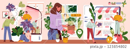 Explore the vibrant scenes of indoor gardening and plant care in this beautiful illustrated artwork 123854802