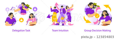 This illustration represents a collaborative process in a team environment, featuring delegation tasks, intuitive teamwork dynamics, and effective group decision-making strategies. It emphasizes 123854803