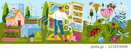 Self Sufficient Garden concept. An illustration showing a thriving self-maintained garden with diverse plants and sustainable practices. Highlights gardening, nature's biodiversity, and eco-friendly 123854806